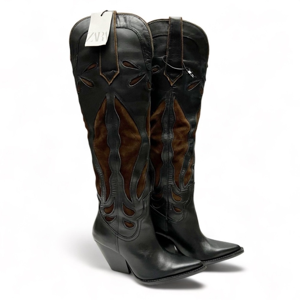 ZARA Womens Black Brown Leather Suede Tall Western Cowboy Boots EU 36 US 6 NEW